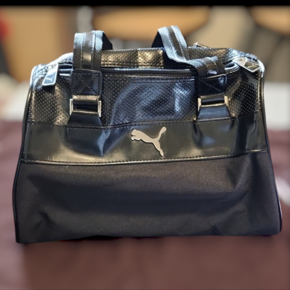 Puma Black Fabric and Faux Leather Tote Bag EUC